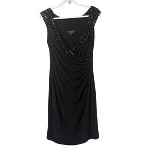 Lauren Ralph Lauren Evening Sequin Cocktail Dress Size 10 Black Ruched Sheath